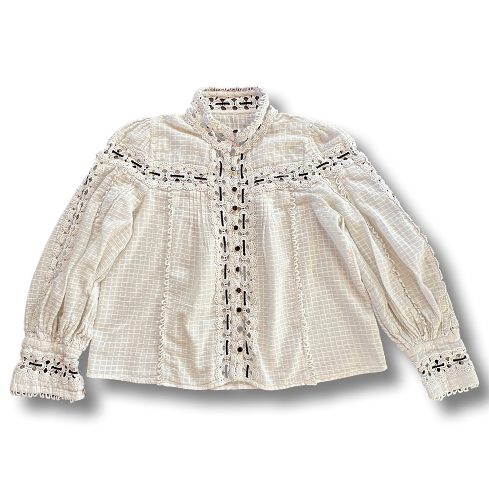 Vintage Victorian-esque black ribbon blouse with black ornate buttons
